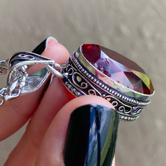 925 sterling silver overlay charm red garnet cz stone stainless steel necklace - Picture 16 of 16